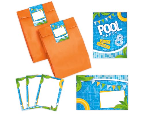 8 Einladungskarten zum 8. Kindergeburtstag Schwimmbad Jungen Mädchen Einladungen achte Geburtstag incl. 8 Umschläge, 8 Partytüten/orange, 8 Aufkleber, 8 Mini-Notizblöcke von Minkocards