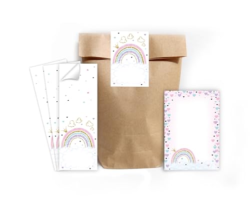 8 Mini-Notizblöcke + 8 Geschenktüten (Natur) + 8 Aufkleber Regenbogen Mitgebsel Mädchen Gastgeschenke für Kindergeburtstag Mädchengeburtstag von Minkocards
