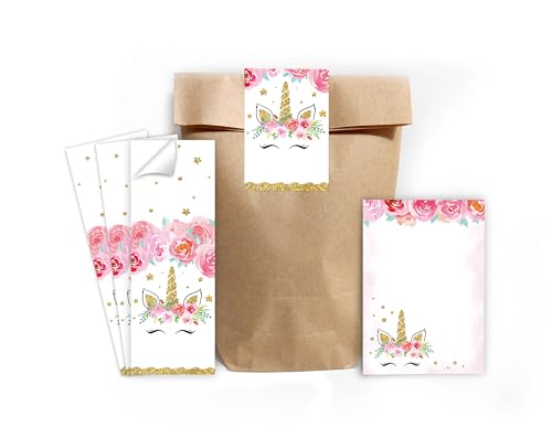 8 Mini-Notizblöcke + 8 Geschenktüten (Natur) + 8 Aufkleber Unicorn Einhorn Mitgebsel Mädchen Gastgeschenke für Kindergeburtstag Mädchengeburtstag von Minkocards