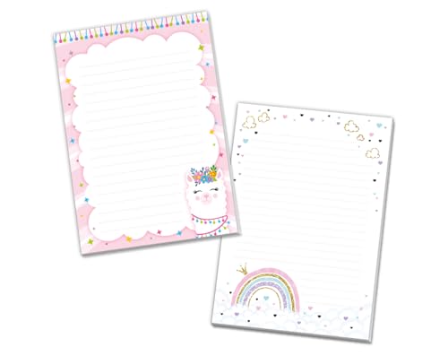 Blöcke Schreibblock mit Kindermotiv Lama Regenbogen Notizblöcke mit Linien für Mädchen Briefbögenblock liniert (2 Blöcke: Lama, Regenbogen mit je 25 Blätter in A5-Format) von Minkocards