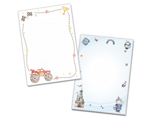 Blöcke Schreibblock mit Kindermotiv Notizblöcke mit Linien für Jungen Jungs Briefbögenblock liniert (2 Blöcke: Truck, Ritter mit je 25 Blätter in A5-Format) von Minkocards