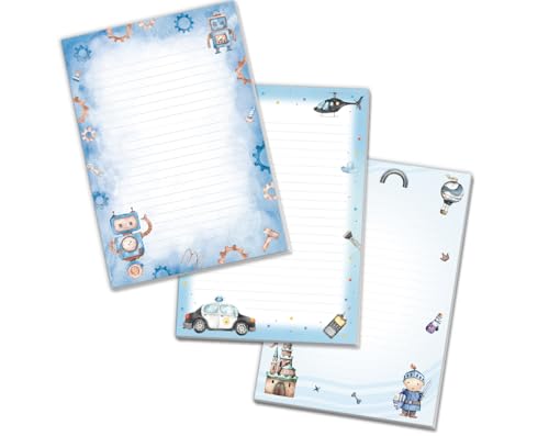 Blöcke Schreibblock mit Kindermotiv Notizblöcke mit Linien für Jungen Jungs Briefbögenblock liniert (3 Blöcke: Roboter, Ritter, Polizei mit je 25 Blätter in A5-Format) von Minkocards