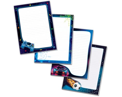 Blöcke Schreibblock mit Kindermotiv Notizblöcke mit Linien für Jungen Jungs Briefbögenblock liniert (4 Blöcke: Game, Rennauto, lasertag, Fußball mit je 25 Blätter in A5-Format) von Minkocards
