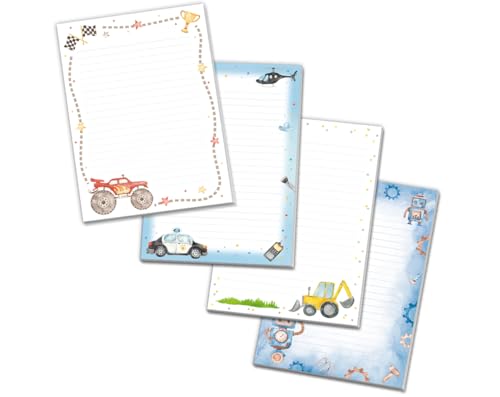 Blöcke Schreibblock mit Kindermotiv Notizblöcke mit Linien für Jungen Jungs Briefbögenblock liniert (4 Blöcke: Truck, Polizei, Baustelle, Roboter mit je 25 Blätter in A5-Format) von Minkocards