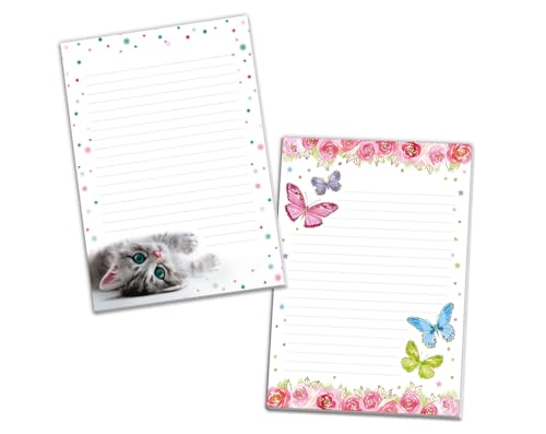 Blöcke Schreibblock mit Kindermotiv Notizblöcke mit Linien für Mädchen Briefbögenblock liniert (2 Blöcke: Katze, Schmetterlinge mit je 25 Blätter in A5-Format) von Minkocards