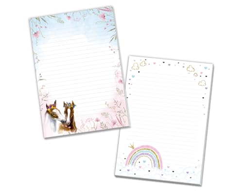 Blöcke Schreibblock mit Kindermotiv Notizblöcke mit Linien für Mädchen Briefbögenblock liniert (2 Blöcke: Pferd, Regenbogen mit je 25 Blätter in A5-Format) von Minkocards