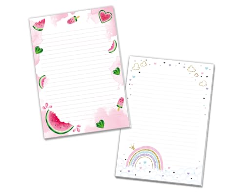 Blöcke Schreibblock mit Kindermotiv Notizblöcke mit Linien für Mädchen Briefbögenblock liniert (2 Blöcke: Regenbogen, Wassermelone mit je 25 Blätter in A5-Format) von Minkocards