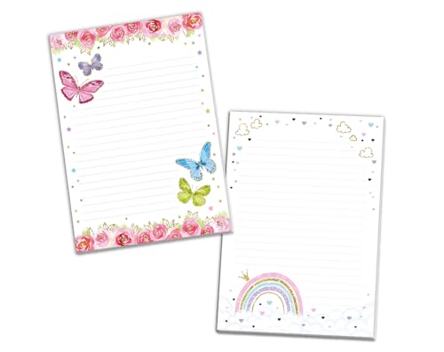 Blöcke Schreibblock mit Kindermotiv Notizblöcke mit Linien für Mädchen Briefbögenblock liniert (2 Blöcke: Schmetterlinge, Regenbogen mit je 25 Blätter in A5-Format) von Minkocards