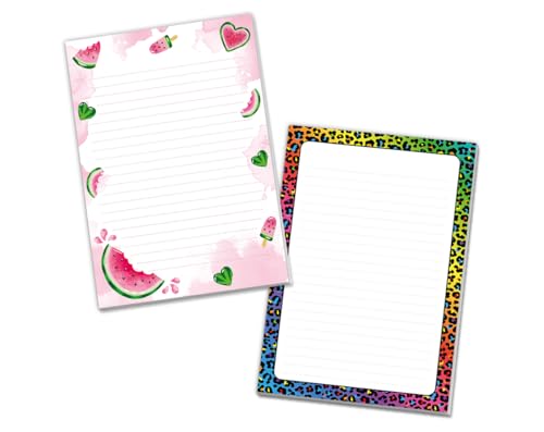 Blöcke Schreibblock mit Kindermotiv Notizblöcke mit Linien für Mädchen Briefbögenblock liniert (2 Blöcke: Wassermelone, Tietenmuster mit je 25 Blätter in A5-Format) von Minkocards