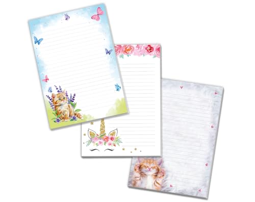 Blöcke Schreibblock mit Kindermotiv Notizblöcke mit Linien für Mädchen Briefbögenblock liniert (3 Blöcke: 2 x Katze, Einhorn mit je 25 Blätter in A5-Format) von Minkocards
