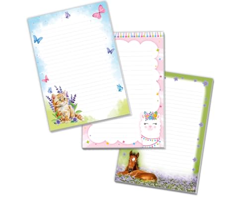 Blöcke Schreibblock mit Kindermotiv Notizblöcke mit Linien für Mädchen Briefbögenblock liniert (3 Blöcke: Katze, Lama, Pferd mit je 25 Blätter in A5-Format) von Minkocards