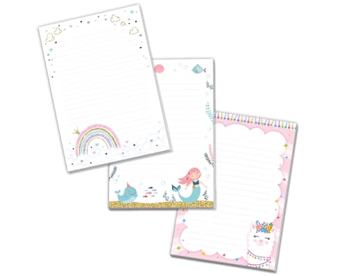 Blöcke Schreibblock mit Kindermotiv Notizblöcke mit Linien für Mädchen Briefbögenblock liniert (3 Blöcke: Regenbogen, Meerjungfrau, Lama mit je 25 Blätter in A5-Format) von Minkocards