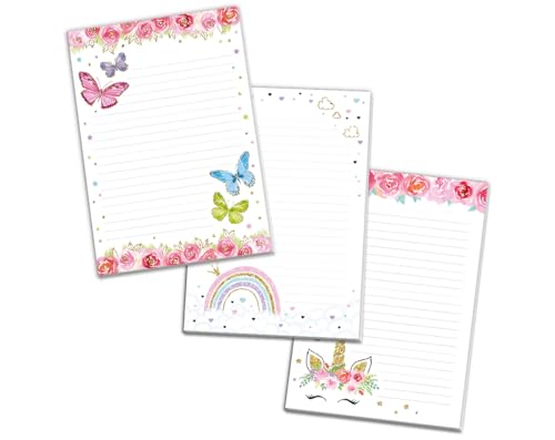 Blöcke Schreibblock mit Kindermotiv Notizblöcke mit Linien für Mädchen Briefbögenblock liniert (3 Blöcke: Schmetterlinge, Regenbogen, Einhorn mit je 25 Blätter in A5-Format) von Minkocards