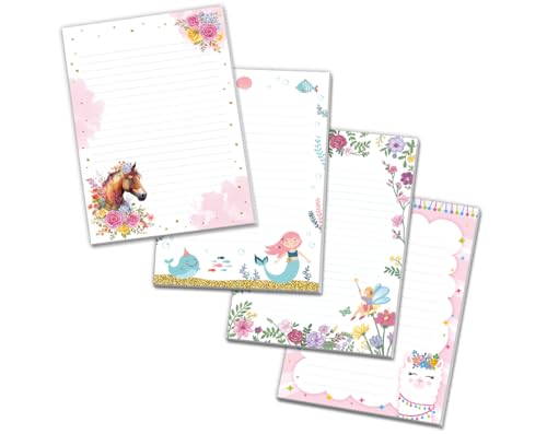 Blöcke Schreibblock mit Kindermotiv Notizblöcke mit Linien für Mädchen Briefbögenblock liniert (4 Blöcke: Pferd, Meerjungfrau, Feen, Lama mit je 25 Blätter in A5-Format) von Minkocards