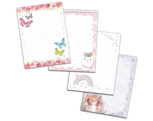Blöcke Schreibblock mit Kindermotiv Notizblöcke mit Linien für Mädchen Briefbögenblock liniert (4 Blöcke: Schmetterlinge, Lama, Regenbogen, Katze mit je 25 Blätter in A5-Format) von Minkocards