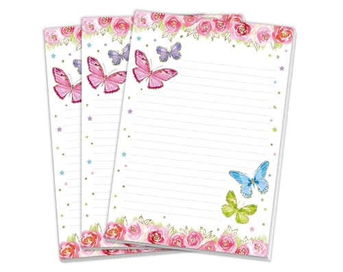 Blöcke Schreibblock mit Kindermotiv Schmetterlinge Notizblöcke mit Linien für Mädchen Briefbögenblock liniert (3 Blöcke Schmetterlinge mit je 25 Blätter in A5-Format) von Minkocards