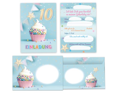 Minkocards 10 Einladungskarten incl. 10 Umschläge zum 10. Kindergeburtstag Mädchen Jungen Muffin Einladungen zehnte Geburtstag Mädchengeburtstag Jungsgeburtstag von Minkocards