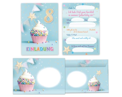 Minkocards 10 Einladungskarten incl. 10 Umschläge zum 8. Kindergeburtstag Mädchen Jungen Muffin Einladungen achte Geburtstag Mädchengeburtstag Jungsgeburtstag von Minkocards