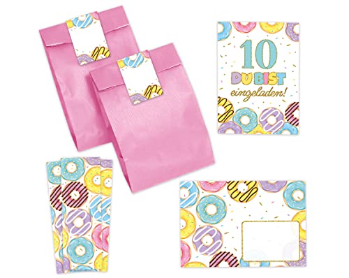 Minkocards 10 Einladungskarten zum zehnten Kindergeburtstag 10. Geburtstag Mädchen Donuts incl. 10 Umschläge, 10 Partytüten/rosa, 10 Aufkleber, 10 Lesezeichen Einladungsset von Minkocards