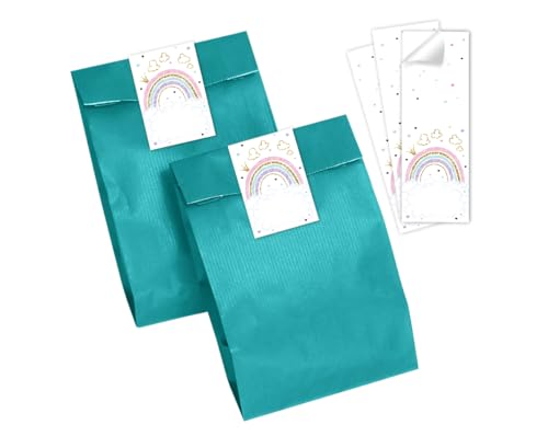 Minkocards 10 Geschenktüten (Petrol) + 10 Aufkleber Regenbogen Geschenktüten für Mitgebsel Mädchen Gastgeschenk einpacken beim Kindergeburtstag von Minkocards