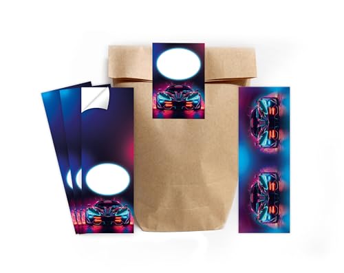 Minkocards 10 Lesezeichen + 10 Geschenktüten (Natur) + 10 Aufkleber Rennwagen Auto Mitgebselset Gastgeschenke für Kindergeburtstag Jungsgeburtstag von Minkocards