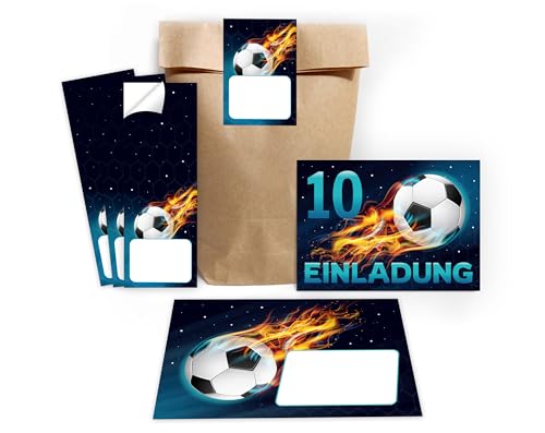 Minkocards 12 Einladungskarten 10. Kindergeburtstag Junge Fussball Einladungen zehnte Jungsgeburtstag Fußball incl. 12 Umschläge, 12 Partytüten/natur, 12 Aufkleber von Minkocards