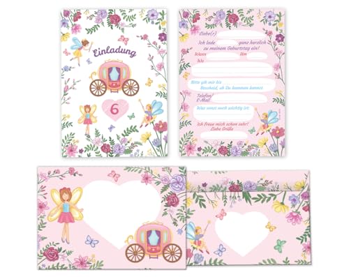 Minkocards 12 Einladungskarten incl. 12 Umschläge 6. Kindergeburtstag Feen Prinzessin Mädchen Einladung sechste Mädchengeburtstag Geburtstagseinladungen von Minkocards