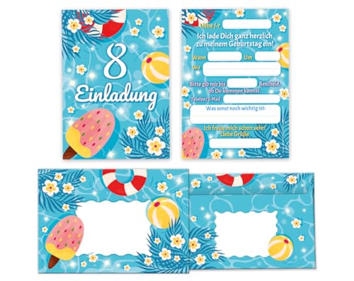 Minkocards 12 Einladungskarten incl. 12 Umschläge 8. Kindergeburtstag Schwimmbad Schwimmen Jungen Mädchen Einladung achte Geburtstag von Minkocards