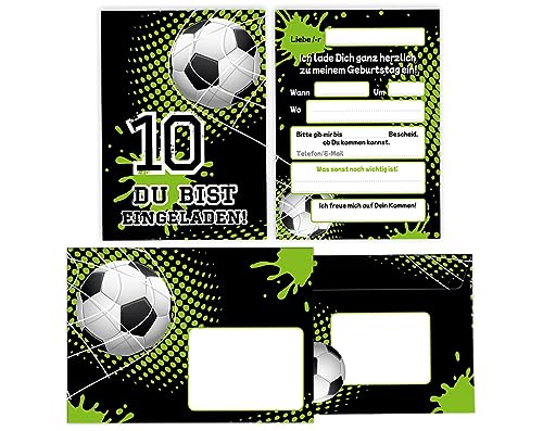 Minkocards 12 Einladungskarten incl. 12 Umschläge zum 10. Kindergeburtstag Junge Fussball Fußball Einladungen zum zehnten Geburtstag Kinder Einladungsset von Minkocards