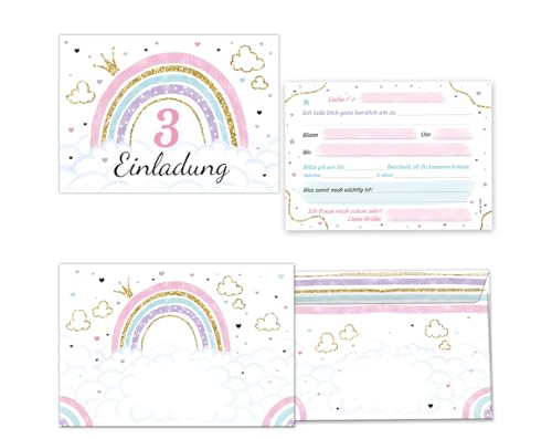 Minkocards 12 Einladungskarten incl. 12 Umschläge zum 3. Kindergeburtstag Mädchen Regenbogen Einladung dritte Geburtstag Mädchengeburtstag Geburtstagseinladungen von Minkocards