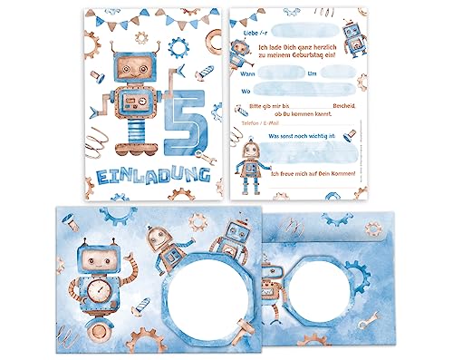 Minkocards 12 Einladungskarten incl. 12 Umschläge zum 5. Kindergeburtstag Junge Roboter Einladungen zum fünften Geburtstag Kinder Einladungsset von Minkocards