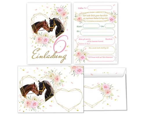 Minkocards 12 Einladungskarten incl. 12 Umschläge zum 6. Kindergeburtstag Mädchen zwei Pferde Einladung sechste Geburtstag Kinder Einladungsset von Minkocards