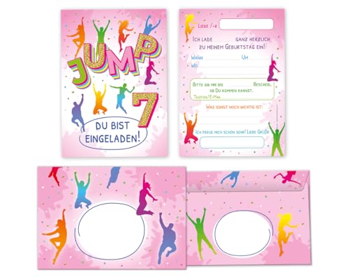 Minkocards 12 Einladungskarten incl. 12 Umschläge zum 7. Kindergeburtstag Mädchen Jump Trampolin Einladungen siebte Mädchengeburtstag Geburtstagseinladungen von Minkocards
