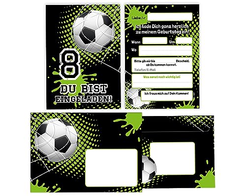 Minkocards 12 Einladungskarten incl. 12 Umschläge zum 8. Kindergeburtstag Junge Fussball Fußball Einladungen zum achten Geburtstag Kinder Einladungsset von Minkocards