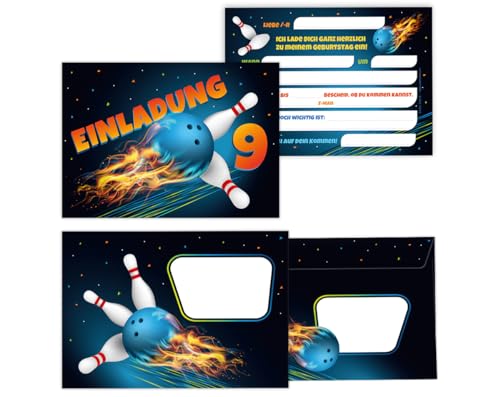Minkocards 12 Einladungskarten incl. 12 Umschläge zum 9. Kindergeburtstag Kegeln Bowling Jungen Mädchen Einladungen neunte Geburtstag Kinder Einladungsset von Minkocards