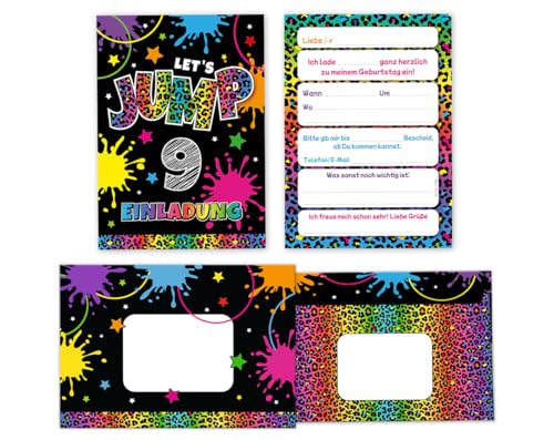 Minkocards 12 Einladungskarten incl. 12 Umschläge zum 9. Kindergeburtstag Mädchen Jump Trampolin Einladungen neunte Mädchengeburtstag Geburtstagseinladungen von Minkocards