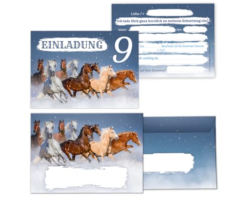 Minkocards 12 Einladungskarten incl. 12 Umschläge zum 9. Kindergeburtstag Mädchen Pferd Pferde Einladung neunte Geburtstag Kinder Einladungsset von Minkocards
