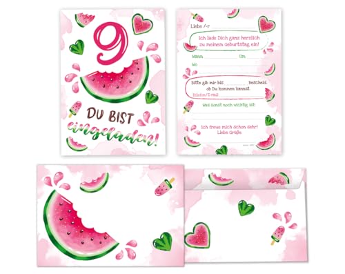 Minkocards 12 Einladungskarten incl. 12 Umschläge zum 9. Kindergeburtstag Mädchen Wassermelone Einladung neunte Geburtstag Mädchengeburtstag Geburtstagseinladungen von Minkocards