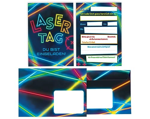 Minkocards 12 Einladungskarten incl. 12 Umschläge zum Kindergeburtstag Lasertag Laser Tag bunt Mädchen Jungen Einladungen zum Geburtstag Kinder Einladungsset von Minkocards