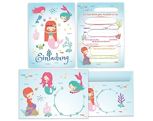 Minkocards 12 Einladungskarten incl. 12 Umschläge zum Kindergeburtstag Mädchen Meerjungfrau Einladungen zum Geburtstag Kinder Einladungsset von Minkocards