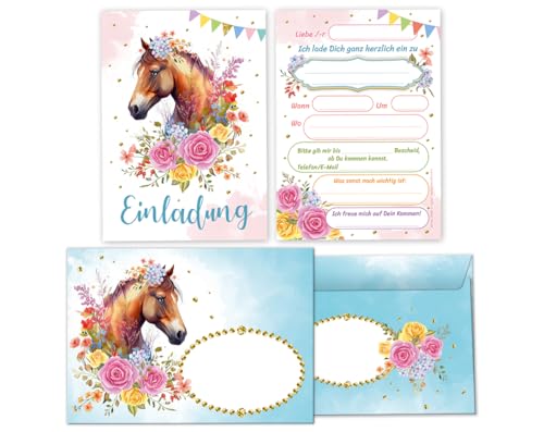 Minkocards 12 Einladungskarten incl. 12 Umschläge zum Kindergeburtstag Mädchen Pferd Einladungen zum Geburtstag Kinder Einladungsset von Minkocards