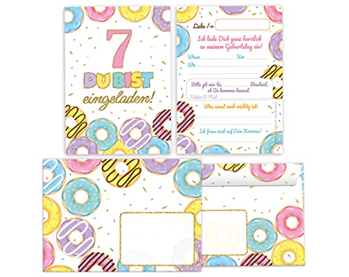 Minkocards 12 Einladungskarten incl. 12 Umschläge zum siebten Kindergeburtstag 7. Geburtstag Mädchen Donuts bunte Einladungen zum Geburtstag Kinder Einladungsset von Minkocards