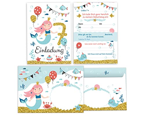12 Einladungskarten incl. 12 Umschläge zum siebten Kindergeburtstag 7. Geburtstag Mädchen Meerjungfrau bunte Einladungen zum Geburtstag Kinder Einladungsset von Minkocards