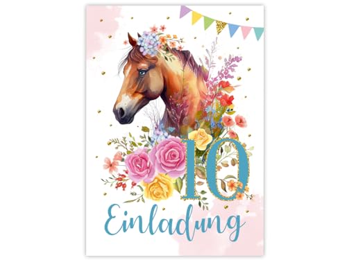 Minkocards 12 Einladungskarten zum 10. Kindergeburtstag Mädchen Pferd Einladung zehnte Geburtstag Kinder bunte Geburtstagseinladungen von Minkocards