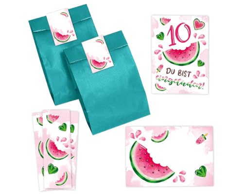 Minkocards 12 Einladungskarten zum 10. Kindergeburtstag Mädchen Wassermelone Einladung zehnte Mädchengeburtstag incl. 12 Umschläge, 12 Partytüten/petrol, 12 Aufkleber, 12 Lesezeichen Minkocards 12 Einladungskarten zum 10. Kindergeburtstag Mädchen Wassermelone Einladung zehnte Mädchengeburtstag incl. 12 Umschläge, 12 Partytüten/petrol, 12 Aufkleber, 12 Lesezeichen von Minkocards