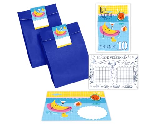 Minkocards 12 Einladungskarten zum 10. Kindergeburtstag Schwimmbad Jungen Mädchen Einladung zehnte Geburtstag incl. 12 Umschläge, 12 Partytüten/blau, 12 Aufkleber, 12 Schiffe versenken Minkocards 12 Einladungskarten zum 10. Kindergeburtstag Schwimmbad Jungen Mädchen Einladung zehnte Geburtstag incl. 12 Umschläge, 12 Partytüten/blau, 12 Aufkleber, 12 Schiffe versenken von Minkocards
