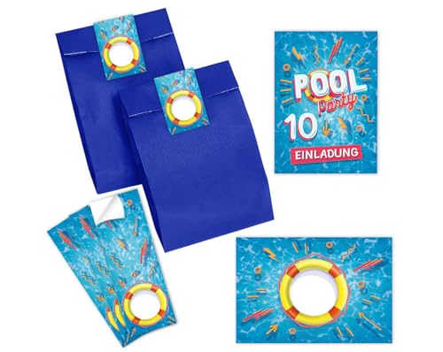 Minkocards 12 Einladungskarten zum 10. Kindergeburtstag Schwimmbad Schwimmen Jungen Mädchen Einladungen zehnte Geburtstag incl. 12 Umschläge, 12 Partytüten/blau, 12 Aufkleber von Minkocards