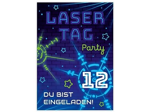 Minkocards 12 Einladungskarten zum 12. Kindergeburtstag Lasertag Laser Tag Mädchen Jungen Einladungen zum zwölften Geburtstag Kinder bunte Geburtstagseinladungen von Minkocards