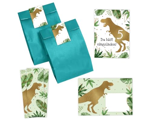 Minkocards 12 Einladungskarten zum 5. Kindergeburtstag Junge Dino Dinosaurier Einladungen fünfte Jungsgeburtstag incl. 12 Umschläge, 12 Partytüten/petrol, 12 Aufkleber, 12 Lesezeichen von Minkocards
