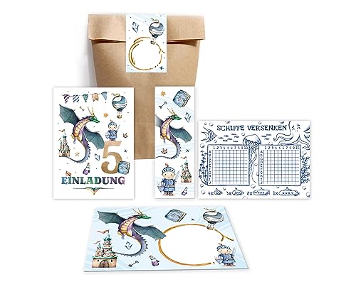 Minkocards 12 Einladungskarten zum 5. Kindergeburtstag Junge Ritter Drache Einladung zum fünften Geburtstag incl. 12 Umschläge, 12 Partytüten/natur, 12 Aufkleber, 12 Lesezeichen, 12 Schiffe versenken Minkocards 12 Einladungskarten zum 5. Kindergeburtstag Junge Ritter Drache Einladung zum fünften Geburtstag incl. 12 Umschläge, 12 Partytüten/natur, 12 Aufkleber, 12 Lesezeichen, 12 Schiffe versenken von Minkocards